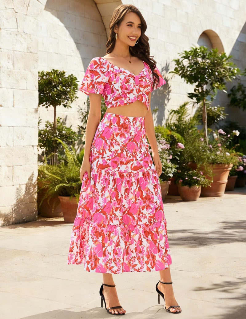 DRESSTELLS Women's 2 Piece Outfits, Floral Top Skirts Set, Spring Easter Dresses, Maxi Summer Tropical Boho Vacation Beach Suits 2026 Red Pink Flower S - Image 4