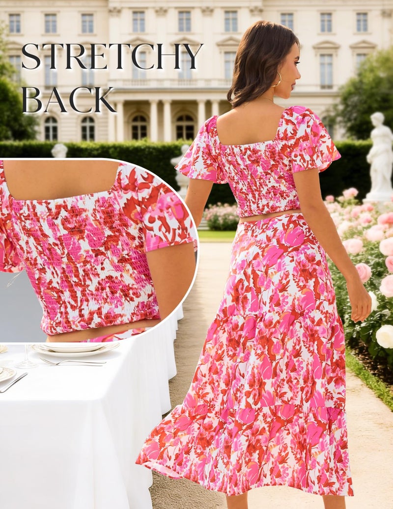 DRESSTELLS Women's 2 Piece Outfits, Floral Top Skirts Set, Spring Easter Dresses, Maxi Summer Tropical Boho Vacation Beach Suits 2026 Red Pink Flower S - Image 2