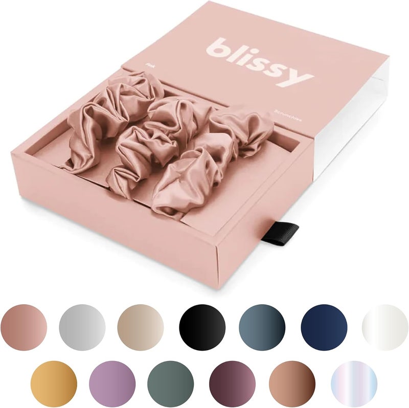 BLISSY Silk Scrunchies (3 Pack) - 100% Pure Mulberry Silk - 22 Momme 6A High-Grade Fibers - Silk Scrunchie for Straight & Curly Hair - Preventing Breakage, Tangling, & Creasing (Pink Skinny) - Image 1
