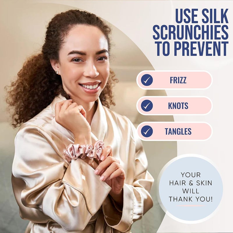 BLISSY Silk Scrunchies (3 Pack) - 100% Pure Mulberry Silk - 22 Momme 6A High-Grade Fibers - Silk Scrunchie for Straight & Curly Hair - Preventing Breakage, Tangling, & Creasing (Pink Skinny) - Image 4