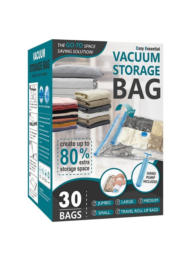 Cozy Essential 30 Pack Vacuum Storage Bags, Space Saver Vacuum Storage Bags, Vacuum Seal Bags for Clothing, Clothes, Comforters and Blankets, Hand Pump Included  - Image 1