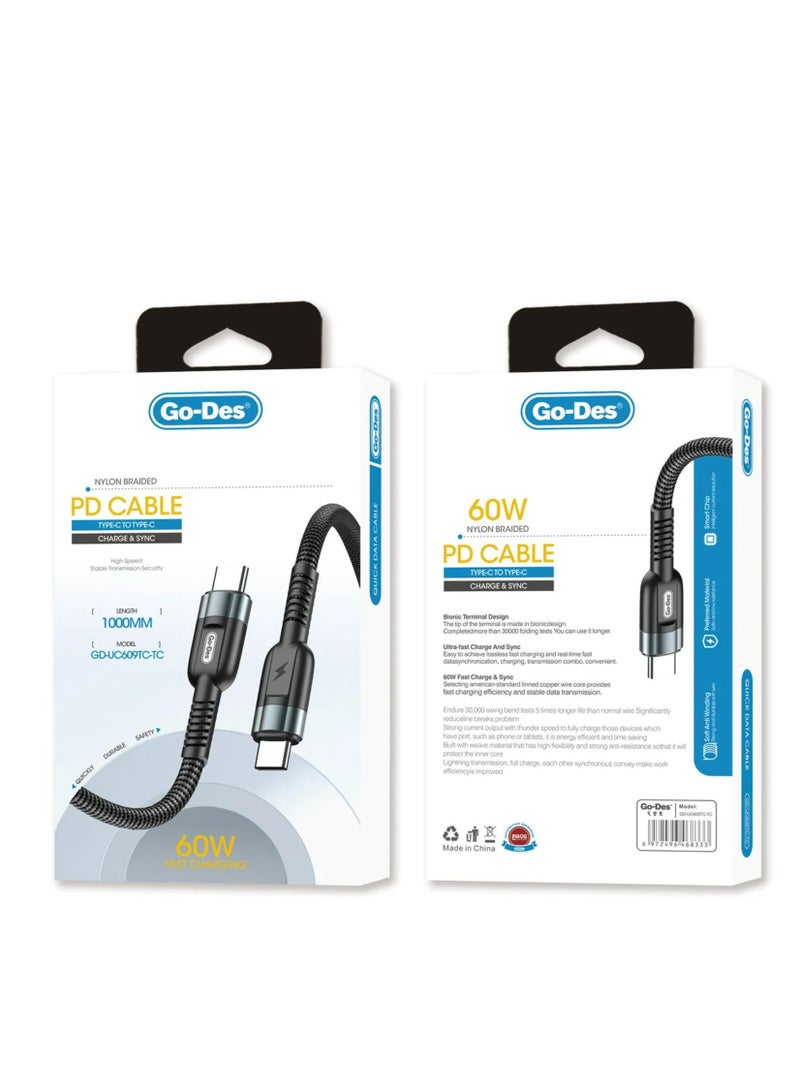 جو-ديز كابل شحن سريع من Type-C إلى Type-C PD كابل USB مضفر من النايلون وسبائك الألومنيوم - Image 2