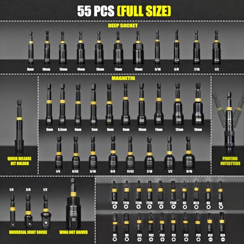 Facoow 55PCS Impact Nut Driver Set Magnetic SAEMetric Nut Drivers Deep Impact Nut Drivers Impact Socket Adapters Wing Nut Driver Power BitQuick Release Extension Pivoting NutsetterStorage Box - Image 3