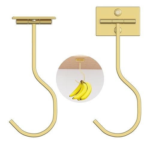 bussdis خطاف الموز اللاصق من بوسديس تحت الخزانة: 2-pack حامل موز معدني قابل للطي، موفر للمساحة تحت المنضدة للمطبخ وRV، ذهبي - Image 1