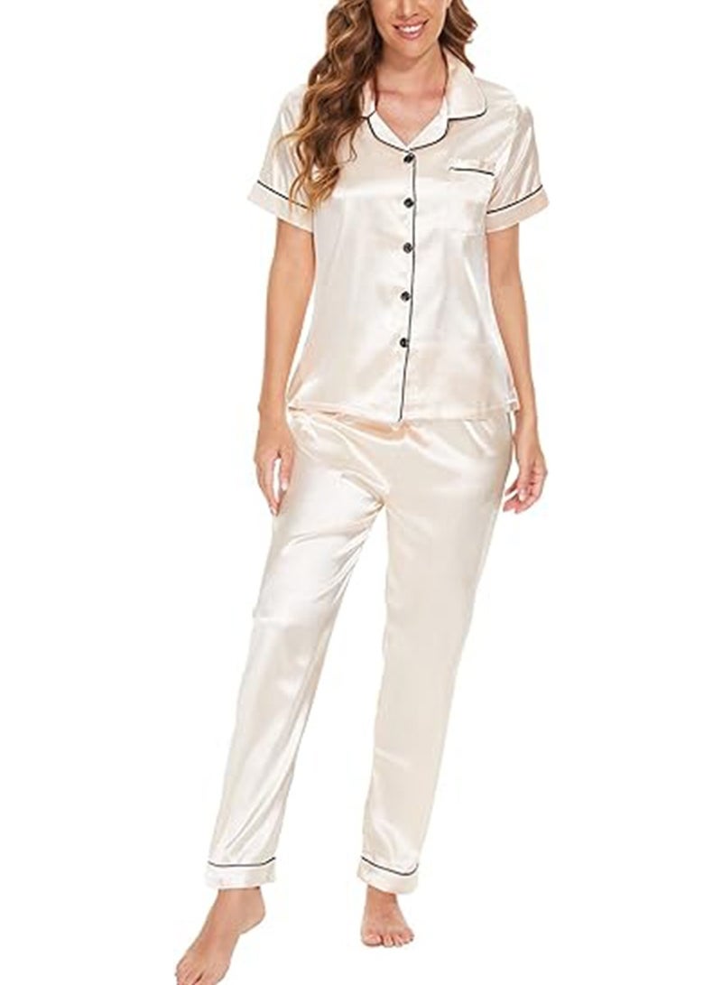 Caprisious Caprisious Women's Luxurious Silk Satin Pajama Set - Soft and Comfortable Short Sleeve Nightwear for a Blissful Sleep, Perfect for Relaxing Evenings and Cozy Nights  - Image 1