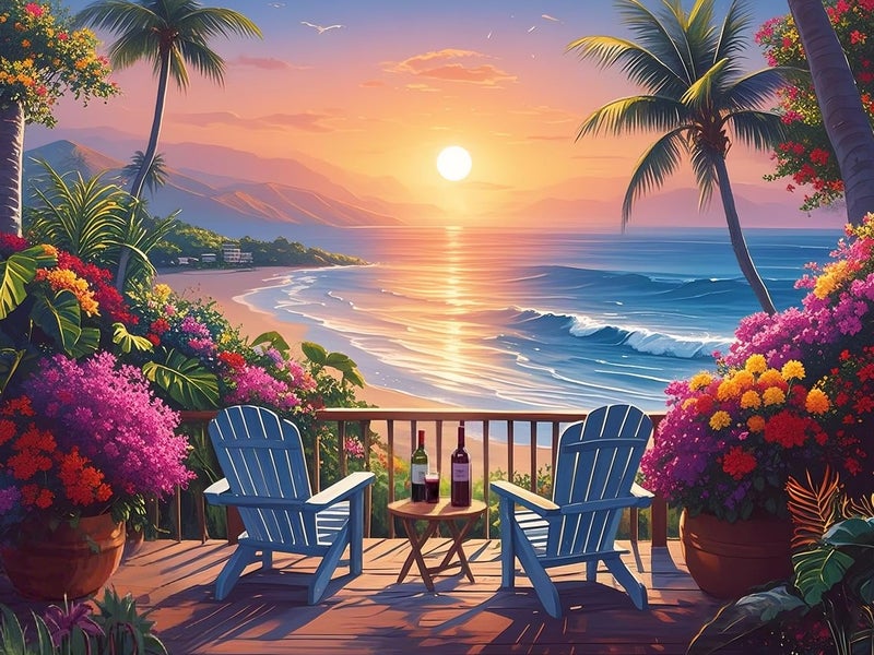 askkqtx Beach Sunset Diamond Art Kits for Adults, Coconut Tree Diamond Painting Kits for Beginners, DIY 5D Full Drill Crystal Flowers Diamond Dots Gem Art Craft Home Decor 16x12 Inch - Image 1