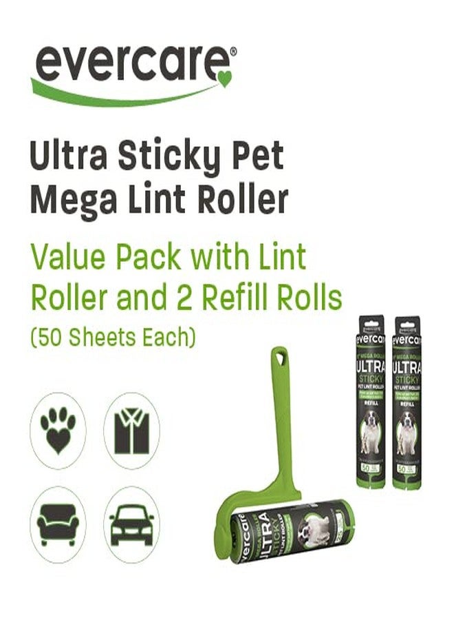 Evercare Ultra Sticky Pet Mega Lint Roller Value Pack with Lint Roller and 2 Refill Rolls, 50 Sheets Each - Image 2