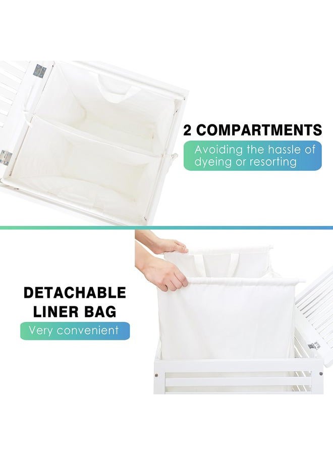 SMIBUY Double Laundry Hamper with Lid, 120L Bamboo Laundry Basket with Removable Liner Bag, 2-Section Clothes Divider Laundry Sorter for Laundry Room, Bathroom, Bedroom (White) - Image 4