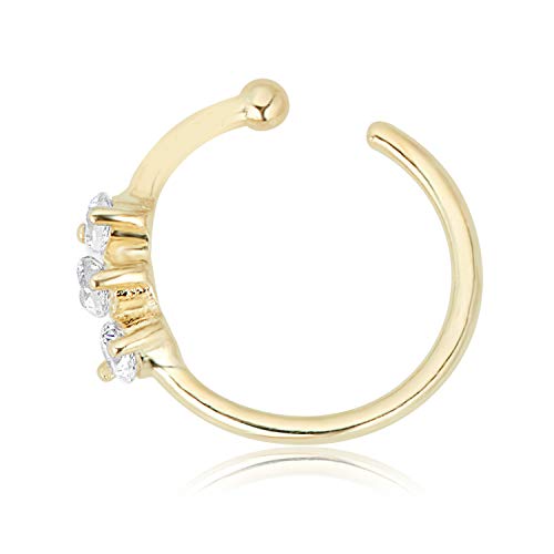 AVORA 14K Yellow Gold Three-Stone Simulated Diamond CZ Nose Ring Hoop (20 Gauge) - 5/16" - Image 2