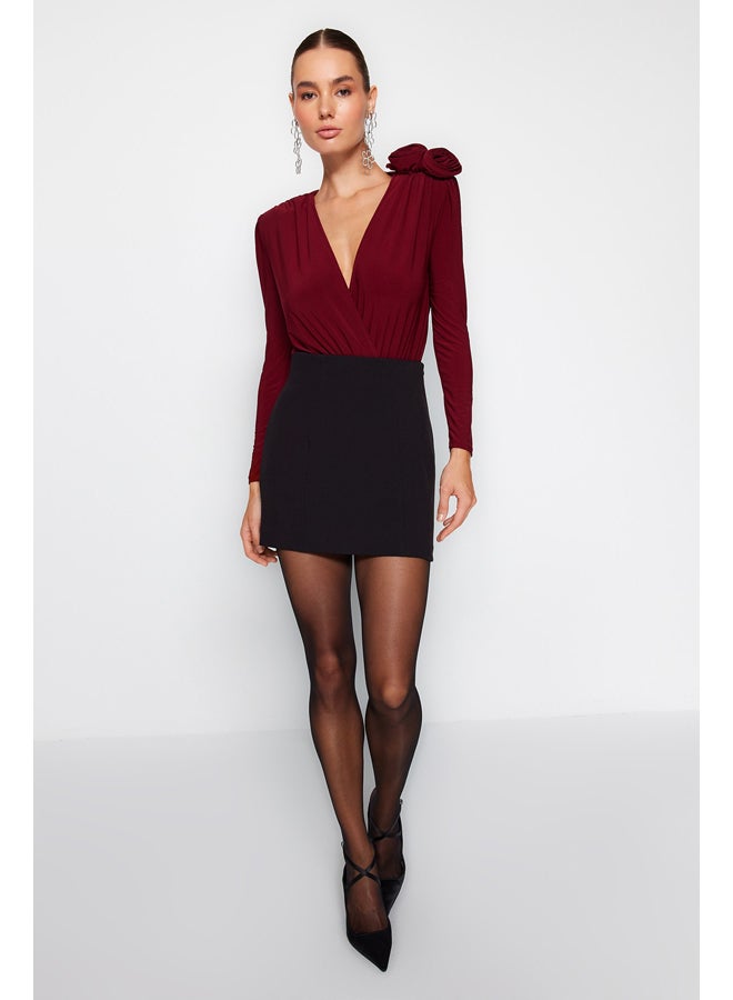 trendyol جسم مزود بإكسسوارات ذو ياقة مزدوجة الصدر باللون الأحمر الداكن TPRAW24BD00012 - Image 3