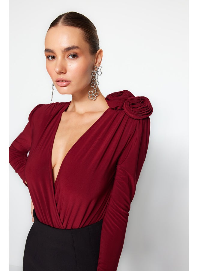 trendyol جسم مزود بإكسسوارات ذو ياقة مزدوجة الصدر باللون الأحمر الداكن TPRAW24BD00012 - Image 2