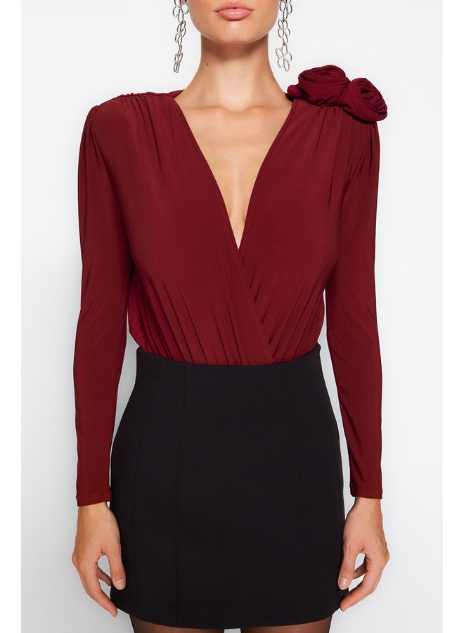 trendyol جسم مزود بإكسسوارات ذو ياقة مزدوجة الصدر باللون الأحمر الداكن TPRAW24BD00012 - Image 4