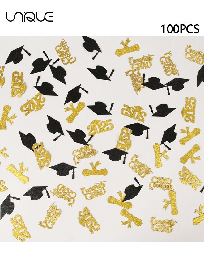 يونيك حلويات التخرج ديكورات بريق على الوجهين - 100 قطعة حلويات تخرج من فئة 2025 لزينة مبعثرة طاولة الحفلات - مبروك Grad 2025 هدايا حفلات ديكور الطاولة (أسود ذهبي) - Image 1
