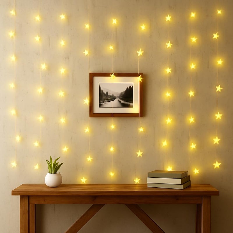 Lexton 72 LED Star Curtain Light | 9 Big with 27 Small Stars | 8 Lighting Modes | String Light for Diwali, Wedding, Festival, Party, Wall & Window Decoration (Pack of 1, Warm White) - Image 5