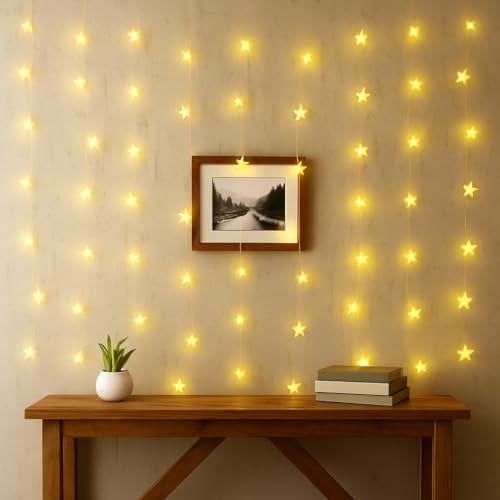 Lexton 72 LED Star Curtain Light | 9 Big with 27 Small Stars | 8 Lighting Modes | String Light for Diwali, Wedding, Festival, Party, Wall & Window Decoration (Pack of 1, Warm White) - Image 1