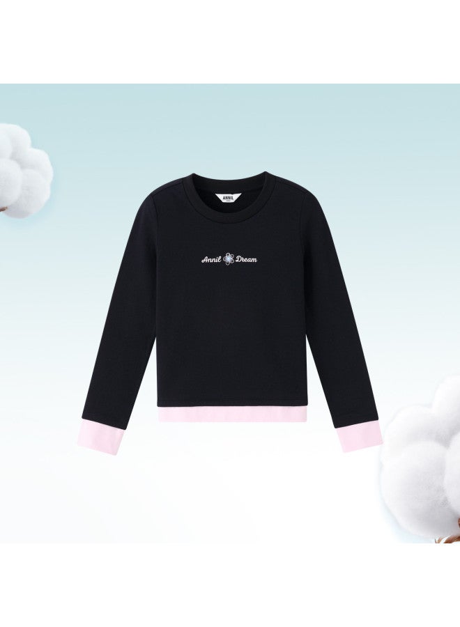 Annil Girls' Round Neck Long Sleeve T-shirt 2025 Autumn New Short Style Versatile Fashion Color Block Stretch Base Layer Top - Image 2