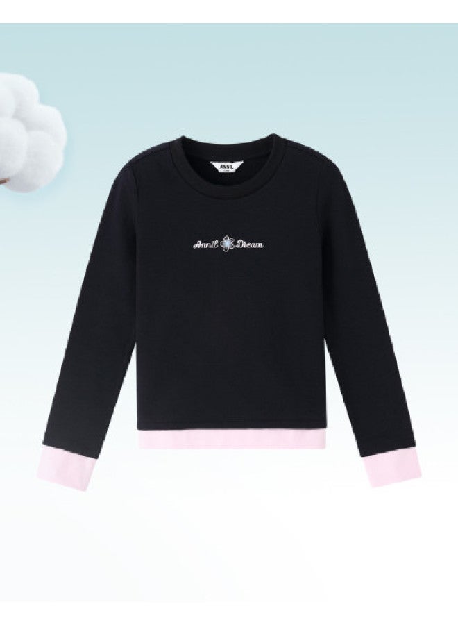 Annil Girls' Round Neck Long Sleeve T-shirt 2025 Autumn New Short Style Versatile Fashion Color Block Stretch Base Layer Top - Image 1