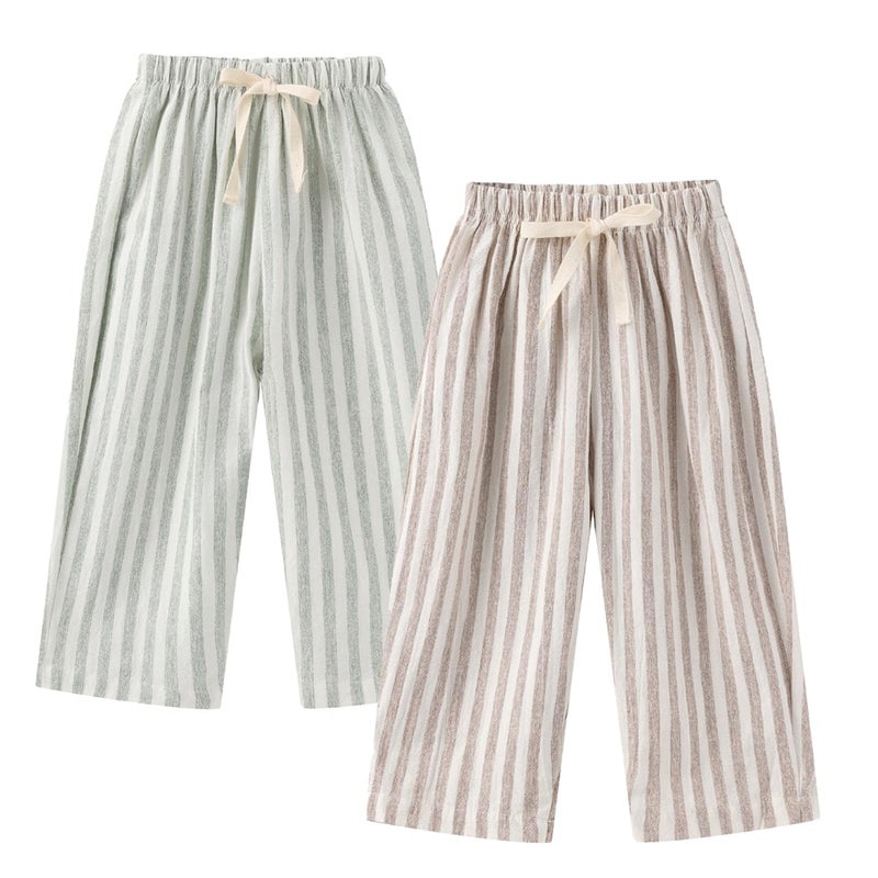 Ashmyova Classic Casual Pants for Boys Thin Cotton Stripe Elastics Waist Spring Summer Trousers Toddler Long Pants 2Pcs Coffee/Green Size 12-18 Months - Image 4