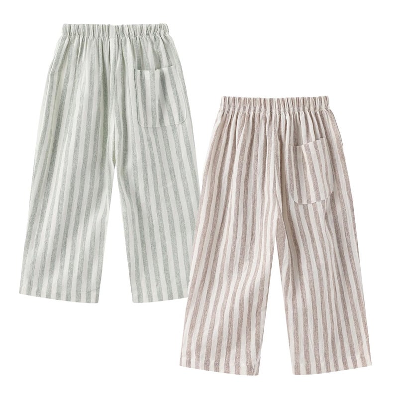 Ashmyova Classic Casual Pants for Boys Thin Cotton Stripe Elastics Waist Spring Summer Trousers Toddler Long Pants 2Pcs Coffee/Green Size 12-18 Months - Image 5