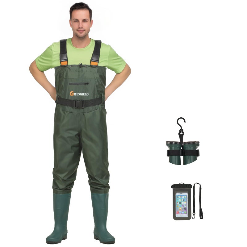 GIEESHIELD Waterproof Bootfoot Chest Waders for Men and Women, Lightweight 2-Ply Nylon/PVC Fishing & Hunting Waders with Boot Hanger - Green (Green, 11) - Image 1