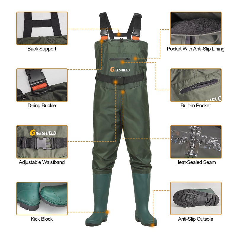 GIEESHIELD Waterproof Bootfoot Chest Waders for Men and Women, Lightweight 2-Ply Nylon/PVC Fishing & Hunting Waders with Boot Hanger - Green (Green, 11) - Image 3