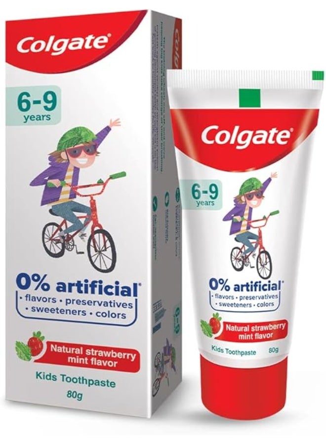 Colgate Kids Toothpaste with 0% Artificial Preservatives, Colours, Sweeteners for Whitening (6-9 Years, Natural Strawberry Mint Flavour - 80g Tube)