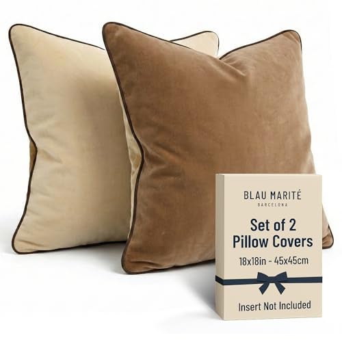 Blau Marité Set of 2 Decorative Throw Pillow Covers Cushion Cases. Soft Velvet. Contrast Pipping Edge. Filling Not Included. (18x18in, Camel/Beige) - Image 1