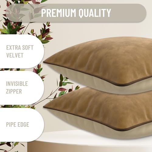 Blau Marité Set of 2 Decorative Throw Pillow Covers Cushion Cases. Soft Velvet. Contrast Pipping Edge. Filling Not Included. (18x18in, Camel/Beige) - Image 2