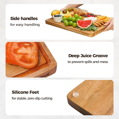 RosiRoli Acacia Wood Cutting Board for Kitchen, Set of 3 - Durable Thick Chopping Boards with Juice Grooves & Handles for Prep & Serving, Impressive Gift for Housewarming, Kitchen Gifts for Mom - Image 4