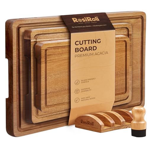 RosiRoli Acacia Wood Cutting Board for Kitchen, Set of 3 - Durable Thick Chopping Boards with Juice Grooves & Handles for Prep & Serving, Impressive Gift for Housewarming, Kitchen Gifts for Mom - Image 1