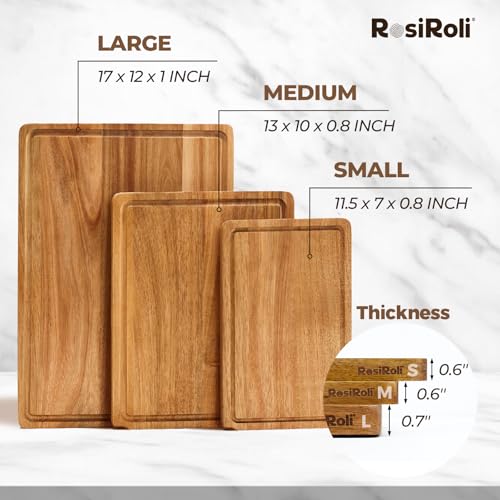 RosiRoli Acacia Wood Cutting Board for Kitchen, Set of 3 - Durable Thick Chopping Boards with Juice Grooves & Handles for Prep & Serving, Impressive Gift for Housewarming, Kitchen Gifts for Mom - Image 3