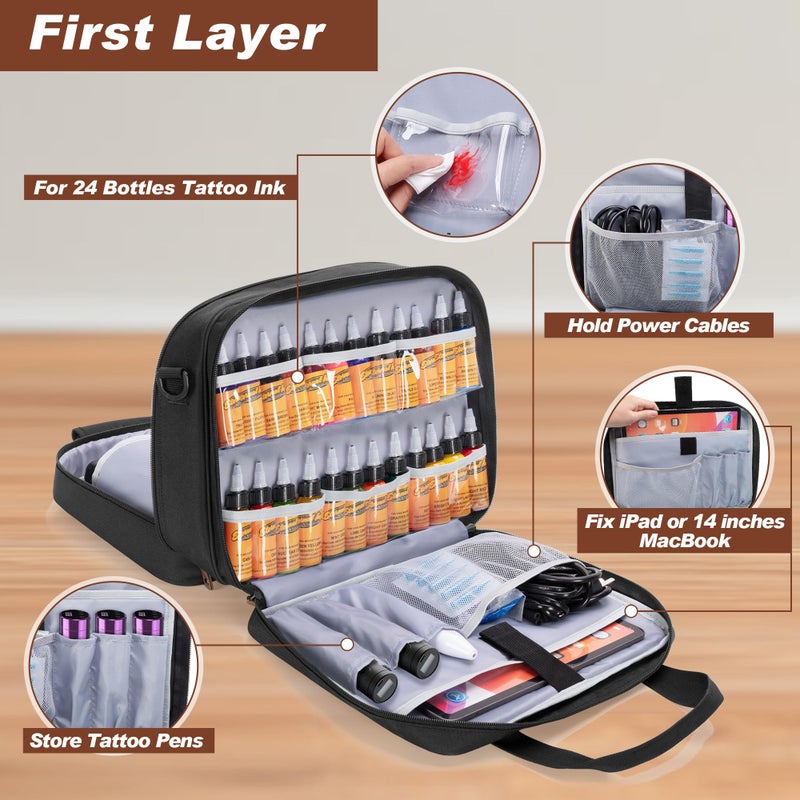Yarwo Tattoo Kit Travel Bag, Double-layer Tattoo Supplies Carrying Case for Transfer Stencil Printer, Professional Ink Organizer for 24 Bottles, Guns, Equipment and IPAD, Black (PATENT DESIGN) - Image 2
