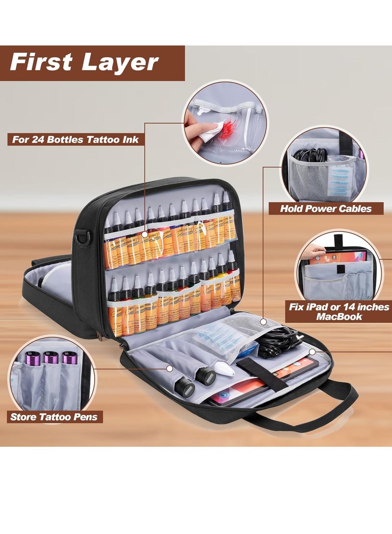 YARWO Yarwo Tattoo Kit Travel Bag, Double-layer Tattoo Supplies Carrying Case for Tattoo Stencil Printer, Tattoo Ink Organizer for 24 Bottles, Tattoo Guns, Tattoo Equipment and IPAD, Black (PATENT DESIGN) - Image 4