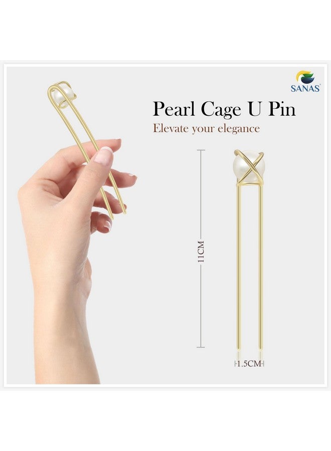Sanas Pearl Cage Metal Hair Pin 1Pc Holder Clip Hair Barrettes Unique Embellished U Sticks Fork Decoration Chopsticks For Women And Girls 1Pc (Golden)  - Image 1