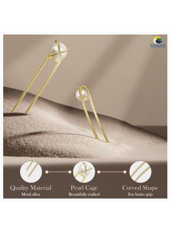 Sanas Pearl Cage Metal Hair Pin 1Pc Holder Clip Hair Barrettes Unique Embellished U Sticks Fork Decoration Chopsticks For Women And Girls 1Pc (Golden)  - Image 2