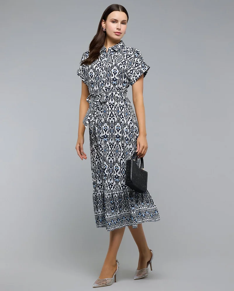 أر أند بي Patterned Shirt Dress with Classic Collar and Short Sleeves