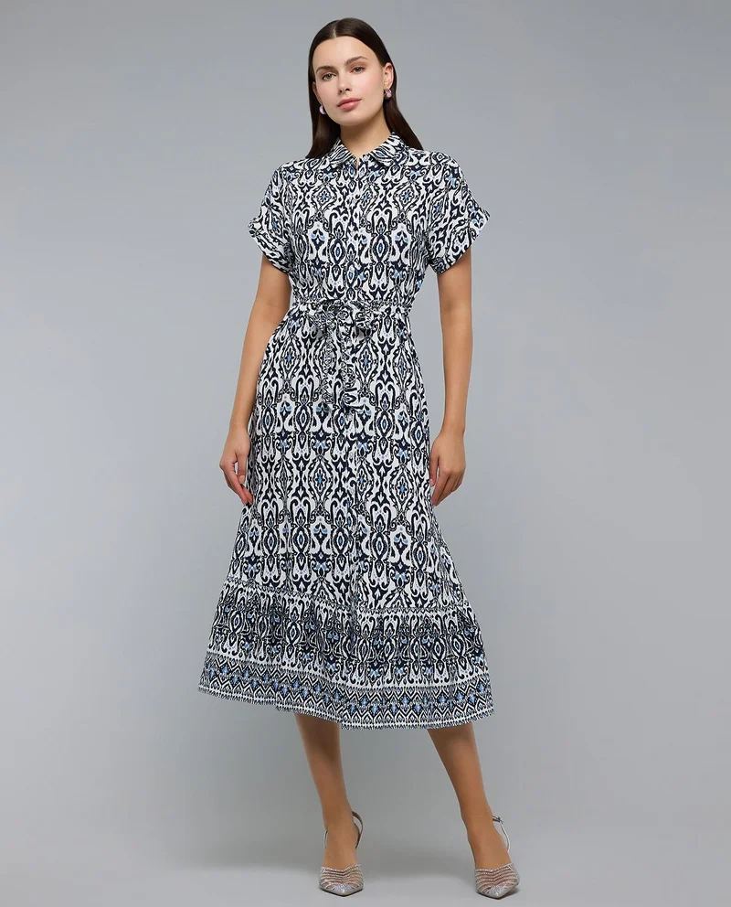 أر أند بي Patterned Shirt Dress with Classic Collar and Short Sleeves