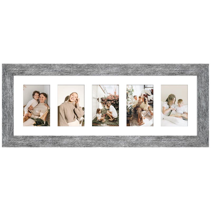 Gaevuian 8x24 Picture Frame Display 5 opening 4X6 Picture Frame CollageMulti Photo Frame with MatPlexiglassWall or Tabletop DecorGrey Wood Grain