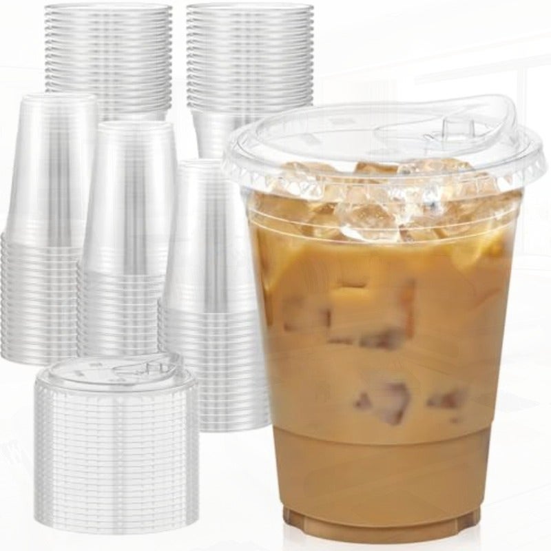 16oz Clear Plastic Cups with Lids Disposable Iced Coffee Cups with Sip Lids Food Safe Plastic Cups for Cold Drinks Smoothie Juice No Spill 100 Pack - Image 1