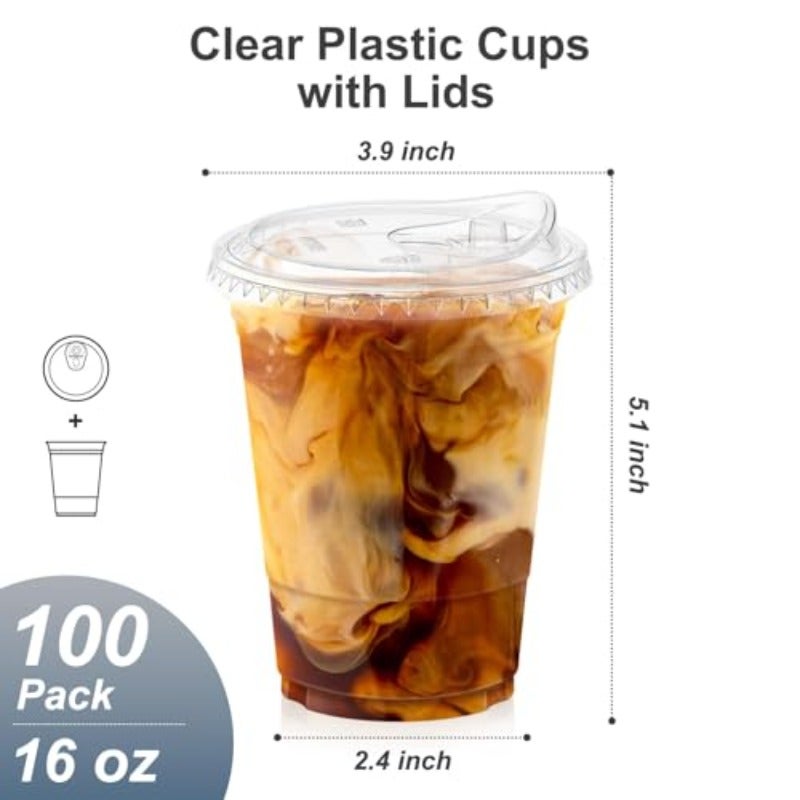 16oz Clear Plastic Cups with Lids Disposable Iced Coffee Cups with Sip Lids Food Safe Plastic Cups for Cold Drinks Smoothie Juice No Spill 100 Pack - Image 2