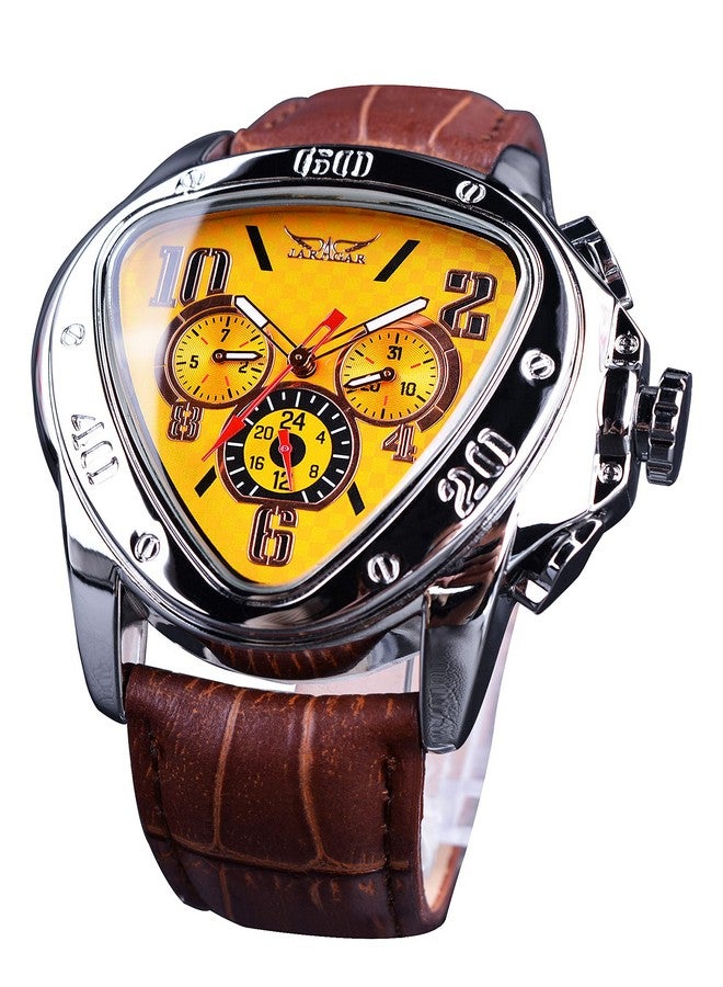 فورسينينج ساعة فورسينينج جاراجار الجلدية للرجال بتصميم مثلث الشكل ميكانيكية أنالوج (مينا صفراء) - Image 1