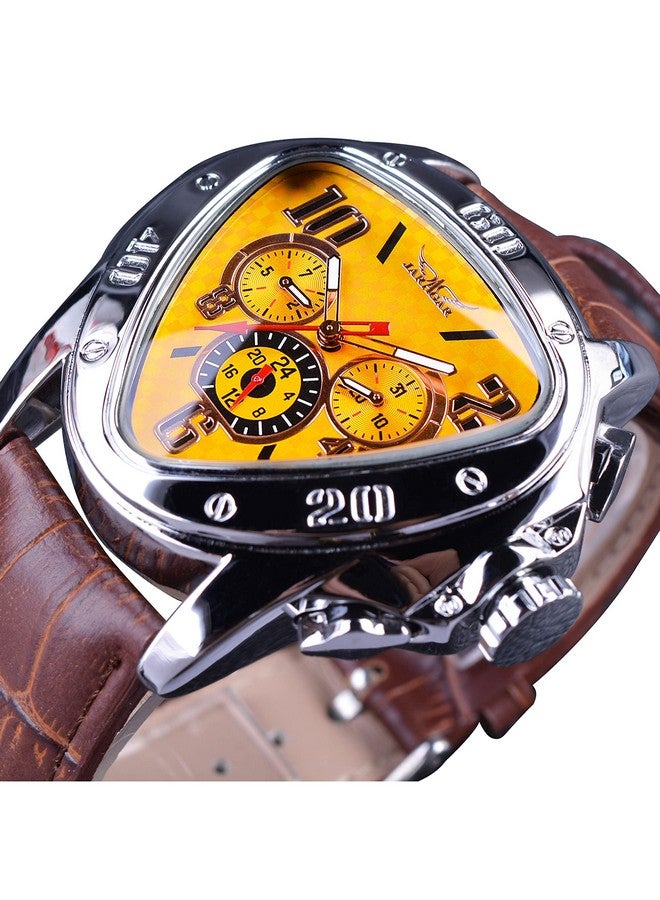 فورسينينج ساعة فورسينينج جاراجار الجلدية للرجال بتصميم مثلث الشكل ميكانيكية أنالوج (مينا صفراء) - Image 2