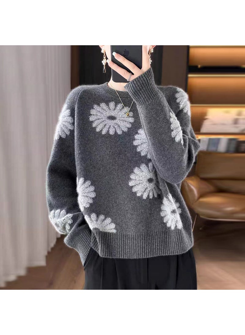 Generic - Autumn/Winter Knitted Pure Wool Sweater Womens Round Neck Thickened Color Block Jacquard Long Sleeve Pullover Loose Fit Casual  Brown - Image 1