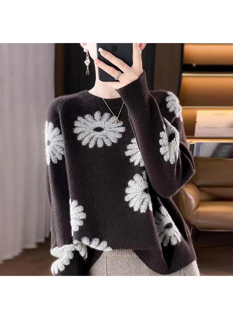 Generic - Autumn/Winter Knitted Pure Wool Sweater Womens Round Neck Thickened Color Block Jacquard Long Sleeve Pullover Loose Fit Casual  Brown - Image 1