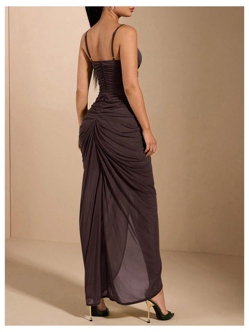 Floerns Women's Ruffle Ruched Cami Dress Draped Split Elegant Bodycon Maxi Dresses Coffee Brown Large - Image 3