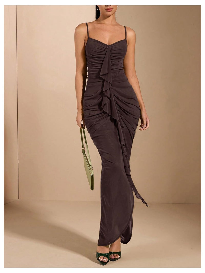 Floerns Women's Ruffle Ruched Cami Dress Draped Split Elegant Bodycon Maxi Dresses Coffee Brown Large - Image 4