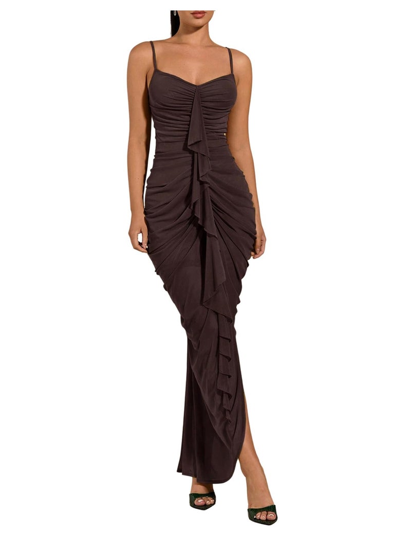 Floerns Women's Ruffle Ruched Cami Dress Draped Split Elegant Bodycon Maxi Dresses Coffee Brown Large - Image 1