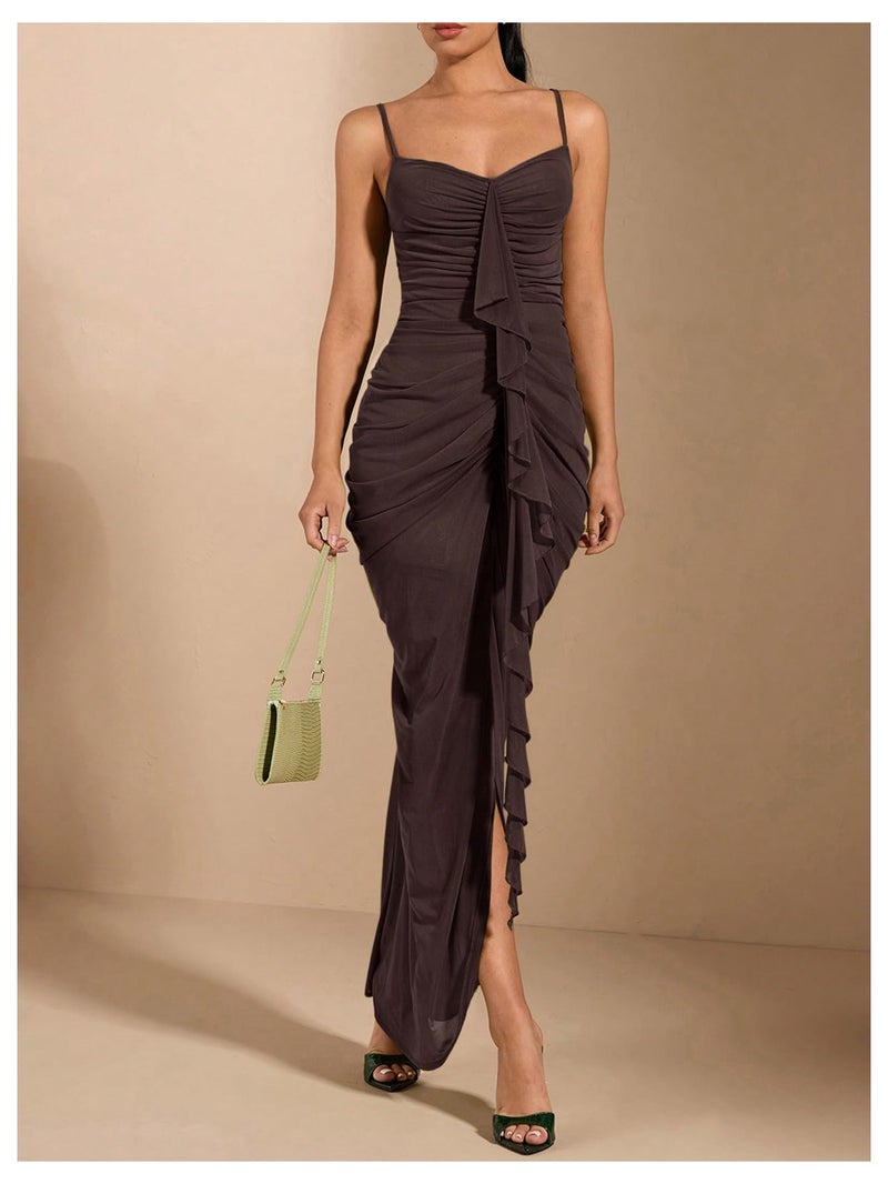 Floerns Women's Ruffle Ruched Cami Dress Draped Split Elegant Bodycon Maxi Dresses Coffee Brown Large - Image 5