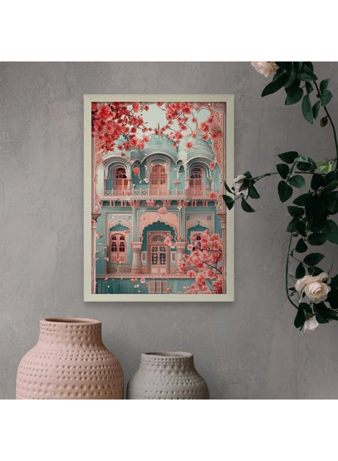Art Decor ملصق قصر عتيق بتصميم فني باللونين الأزرق الفاتح والأحمر - فن حديث مؤطر بتصميم تقليدي لغرفة المعيشة أو غرفة النوم أو المكتب - هدية منزلية 30x40 سم - Image 2