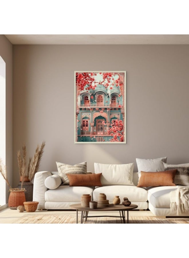 Art Decor ملصق قصر عتيق بتصميم فني باللونين الأزرق الفاتح والأحمر - فن حديث مؤطر بتصميم تقليدي لغرفة المعيشة أو غرفة النوم أو المكتب - هدية منزلية 30x40 سم - Image 3